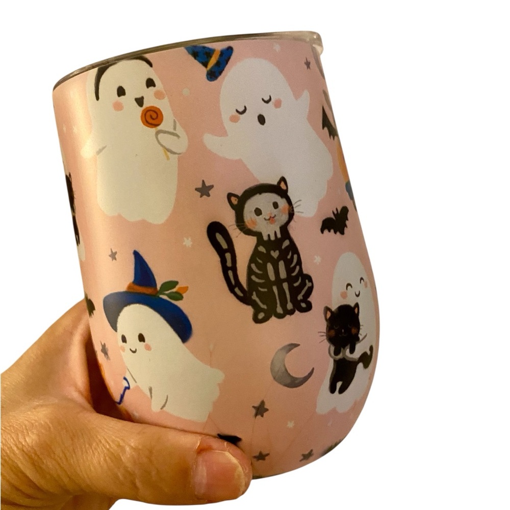 HALLOWEEN GHOSTS, BATS, CATS & PUMPKINS STAINLESS STEEL WINE TUMBLER WITH LID
